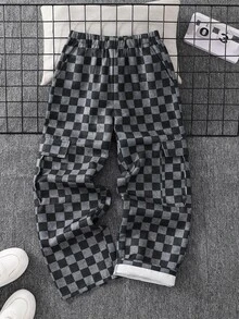 SHEIN 兒童青少年男孩黑白棋盤格彈性腰休閒長褲，男孩長褲，棋盤格長褲 - 彩色 - 查看 7