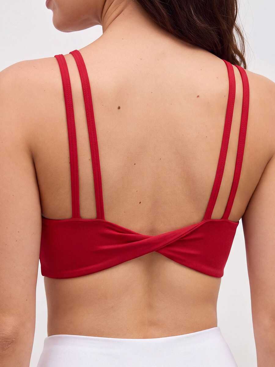 SHEIN Cheerettes Women's Solid Color Double Strap Daily Fitness Sports Bra - Red - View 1