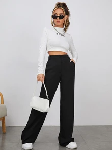 SHEIN Cottnline Plus Size Women High Waist Black Solid Long Casual Básica Professional Elegant Pants Pocket Teachers' Day Office Formal Winter - Black - View 5