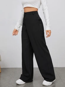 SHEIN Cottnline Plus Size Women High Waist Black Solid Long Casual Básica Professional Elegant Pants Pocket Teachers' Day Office Formal Winter - Black - View 4