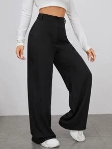 SHEIN Cottnline Plus Size Women High Waist Black Solid Long Casual Básica Professional Elegant Pants Pocket Teachers' Day Office Formal Winter - Black - View 6