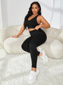 SHEIN Unity Plus Size Sports Leggings & Pants Plain - Hitam - View 7