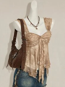 SHEIN ICON 女款復古印花不對稱網紗下擺背心 - 卡其色 - 查看 3