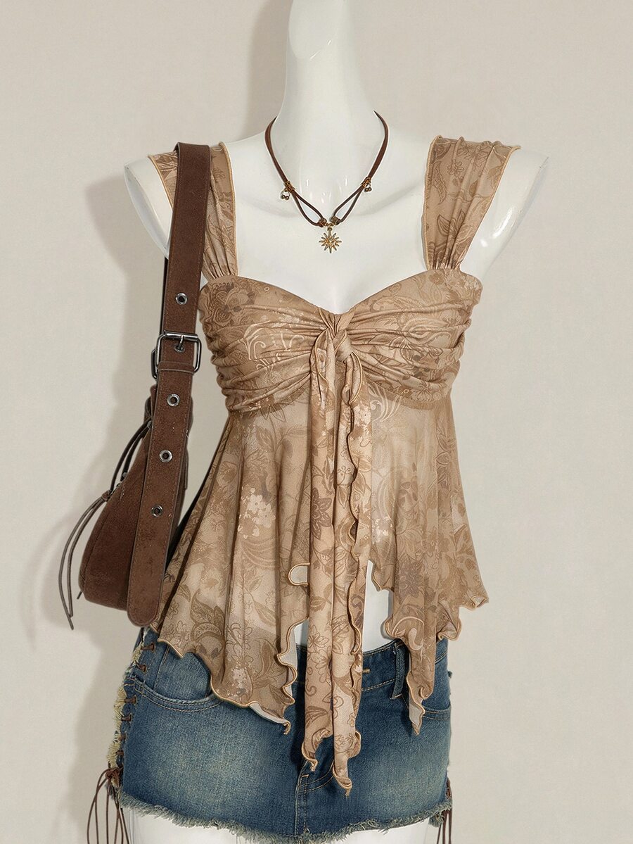 SHEIN ICON 女款復古印花不對稱網紗下擺背心 - 卡其色 - 查看 1