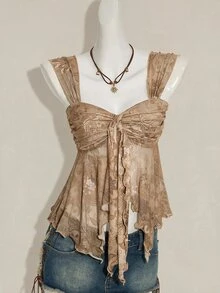 SHEIN ICON 女款復古印花不對稱網紗下擺背心 - 卡其色 - 查看 6