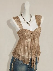 SHEIN ICON 女款復古印花不對稱網紗下擺背心 - 卡其色 - 查看 9