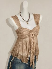 SHEIN ICON 女款復古印花不對稱網紗下擺背心 - 卡其色 - 查看 8