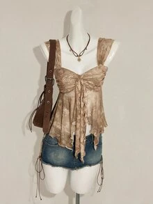SHEIN ICON 女款復古印花不對稱網紗下擺背心 - 卡其色 - 查看 10