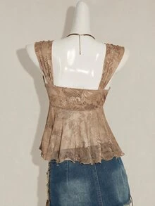 SHEIN ICON 女款復古印花不對稱網紗下擺背心 - 卡其色 - 查看 2