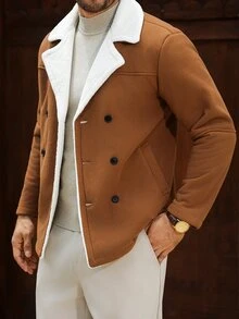 Manfinity Homme 男士純色口袋鈕扣前襟長袖夾克，秋季休閒派對米色外套，適合送給朋友、丈夫、男朋友 - 棕色 - 查看 5