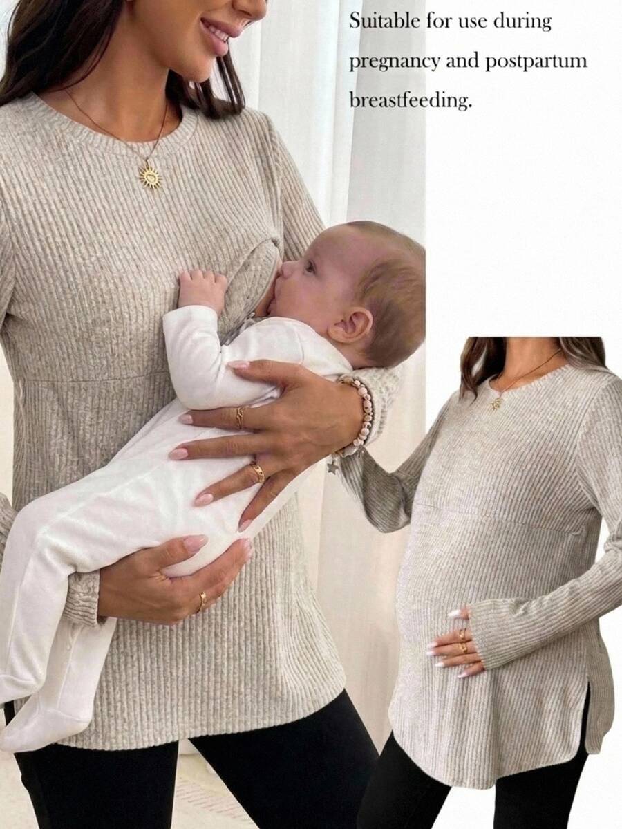 SHEIN 孕婦純色側開衩哺乳上衣 秋季款 - 卡其色 - 查看 1