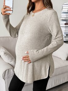 SHEIN 孕婦純色側開衩哺乳上衣 秋季款 - 卡其色 - 查看 7