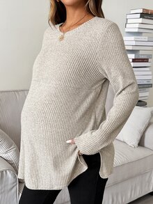SHEIN 孕婦純色側開衩哺乳上衣 秋季款 - 卡其色 - 查看 3