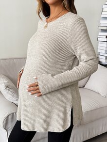 SHEIN 孕婦純色側開衩哺乳上衣 秋季款 - 卡其色 - 查看 5