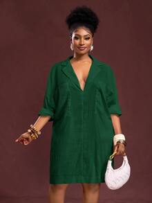 Slaydiva Vestido camisero de unicolor casual para tallas grandes - Verde Oscuro - Ver 5