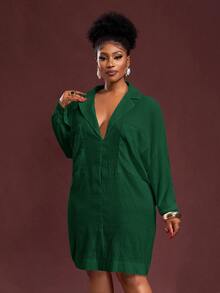 Slaydiva Vestido camisero de unicolor casual para tallas grandes - Verde Oscuro - Ver 9