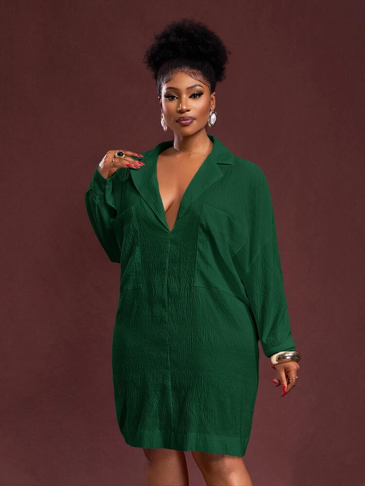 Slaydiva Plus Size Casual Commuter Solid Color Shirt Dress Fall - Dark Green - View 9