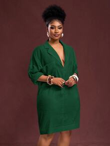 Slaydiva Vestido camisero de unicolor casual para tallas grandes - Verde Oscuro - Ver 4