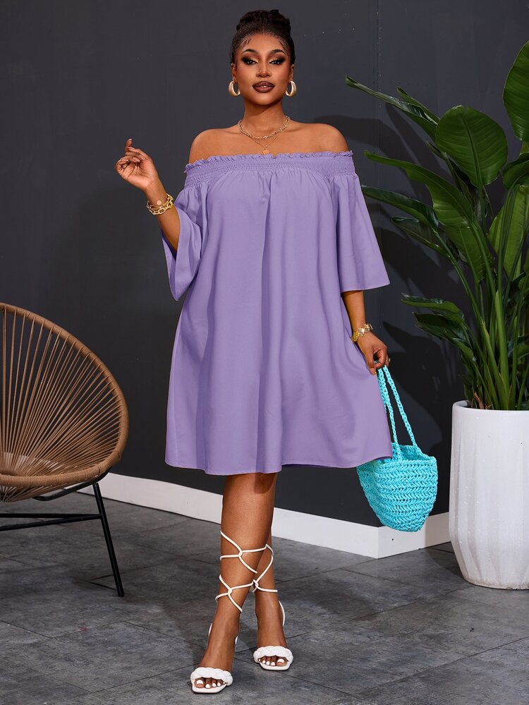 Slaydiva Plus Size Women's Off-Shoulder Elegant Casual Commute Brunch Formal Vacation Beach A-Line Dress Dark Purple Autumn Fall - Mauve Purple - View 5