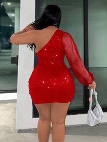 Slaydiva Plus Size Women's Solid Color Sequin Mesh Lantern Sleeve One Shoulder Fitted Fashion Dress Autumn Cocktail Date Night Rave Birthday Red Sexy Fall - Red - View 3