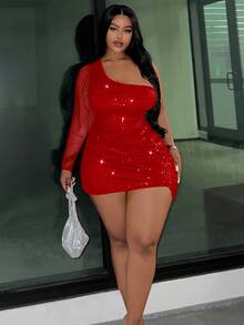 Slaydiva Plus Size Women's Solid Color Sequin Mesh Lantern Sleeve One Shoulder Fitted Fashion Dress Autumn Cocktail Date Night Rave Birthday Red Sexy Fall - Red - View 6