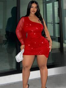 Slaydiva Plus Size Women's Solid Color Sequin Mesh Lantern Sleeve One Shoulder Fitted Fashion Dress Autumn Cocktail Date Night Rave Birthday Red Sexy Fall - Red - View 5