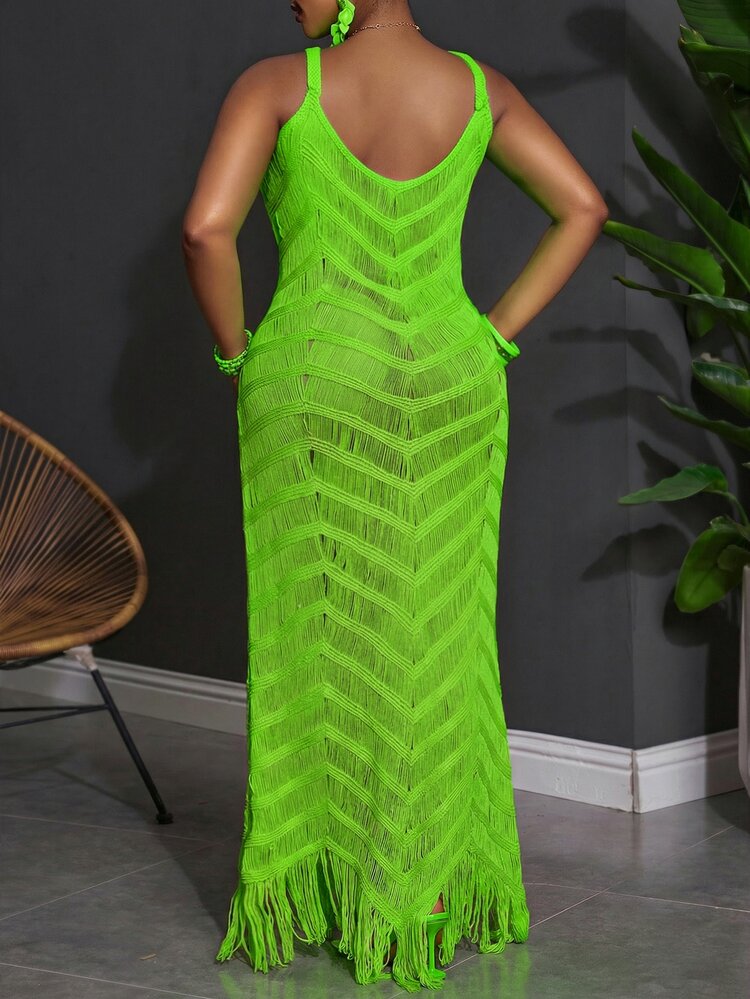 Slaydiva Plus Size Summer Sleeveless Hollow Out Sheer Dress Party Vacation Neon Green 70's Sexy - Green - View 2
