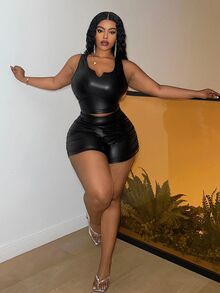 Slaydiva Plus Size Elegant Sexy Party Cocktail Rave Gathering Fitted Solid Black Super High Waist Side Ruched Faux Leather Women Shorts Summer - Black - View 7