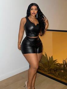 Slaydiva Plus Size Elegant Sexy Party Cocktail Rave Gathering Fitted Solid Black Super High Waist Side Ruched Faux Leather Women Shorts Summer - Black - View 6
