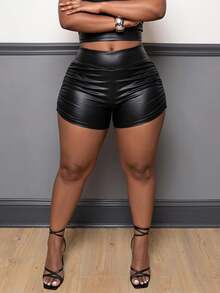 Slaydiva Plus Size Elegant Sexy Party Cocktail Rave Gathering Fitted Solid Black Super High Waist Side Ruched Faux Leather Women Shorts Summer - Black - View 2