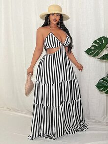Veslaya Plus Size Tie-Back Halter White Hollow-Out Casual Tropical Dress Vacation Beach Summer - Black and White - View 3