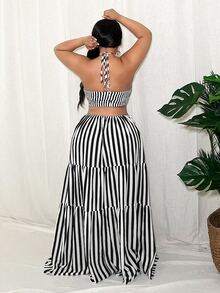 Veslaya Plus Size Tie-Back Halter White Hollow-Out Casual Tropical Dress Vacation Beach Summer - Black and White - View 2