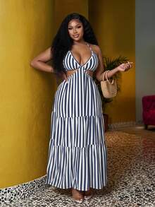 Veslaya Plus Size Tie-Back Halter White Hollow-Out Casual Tropical Dress Vacation Beach Summer - Black and White - View 1
