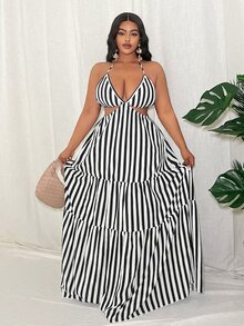 Veslaya Plus Size Tie-Back Halter White Hollow-Out Casual Tropical Dress Vacation Beach Summer - Black and White - View 5