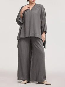 Solavon Plus Size Women's Solid Color V-Neck High-Low Hem Shirt And Wide Leg Pants Casual 2-Piece Set Fall - Grey - View 3