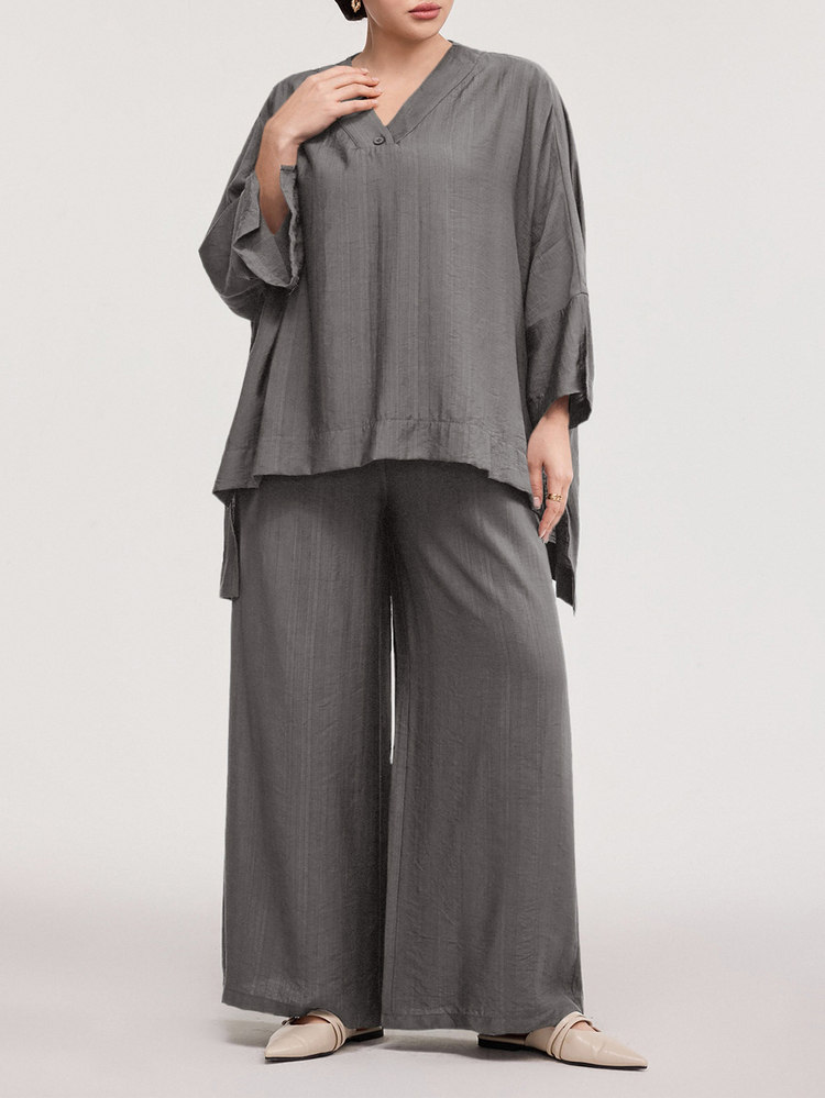Solavon Plus Size Women's Solid Color V-Neck High-Low Hem Shirt And Wide Leg Pants Casual 2-Piece Set Fall - Grey - View 3