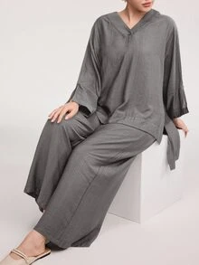Solavon Plus Size Women's Solid Color V-Neck High-Low Hem Shirt And Wide Leg Pants Casual 2-Piece Set Fall - Grey - View 4