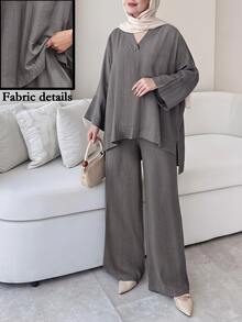 Solavon Plus Size Women's Solid Color V-Neck High-Low Hem Shirt And Wide Leg Pants Casual 2-Piece Set Fall - Grey - View 6
