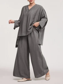 Solavon Plus Size Women's Solid Color V-Neck High-Low Hem Shirt And Wide Leg Pants Casual 2-Piece Set Fall - Grey - View 7