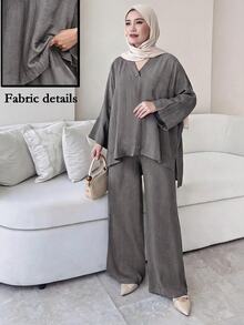 Solavon Plus Size Women's Solid Color V-Neck High-Low Hem Shirt And Wide Leg Pants Casual 2-Piece Set Fall - Grey - View 1