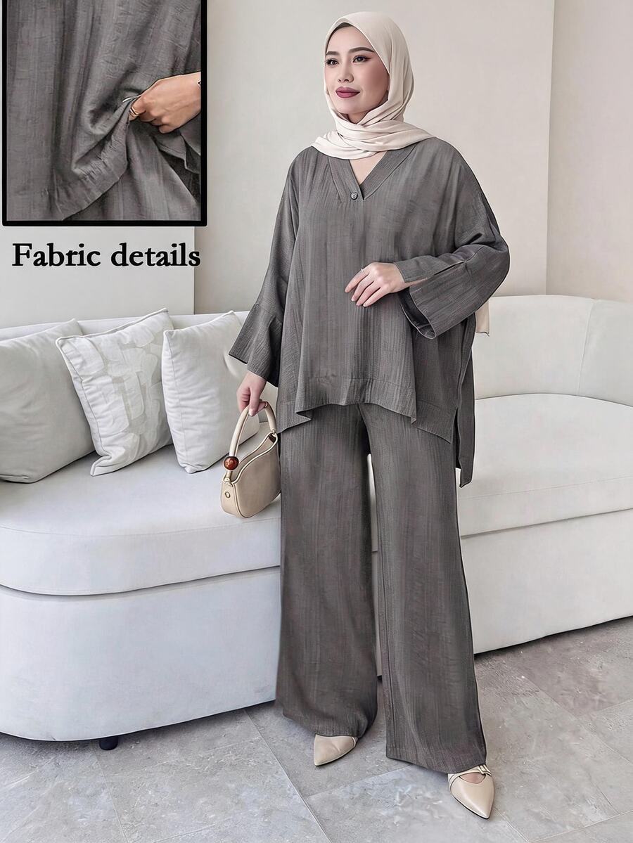 Solavon Plus Size Women's Solid Color V-Neck High-Low Hem Shirt And Wide Leg Pants Casual 2-Piece Set Fall - Grey - View 1