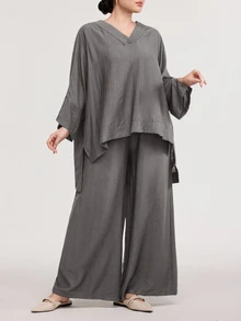 Solavon Plus Size Women's Solid Color V-Neck High-Low Hem Shirt And Wide Leg Pants Casual 2-Piece Set Fall - Grey - View 2