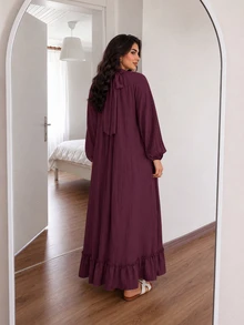 Solavon Plus Size Solid Color Lantern Sleeve Dress Brunch Morning Party Formal Dark Green Fall Elegant - Red Violet - View 5