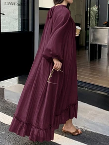 Solavon Plus Size Solid Color Lantern Sleeve Dress Brunch Morning Party Formal Dark Green Fall Elegant - Red Violet - View 2