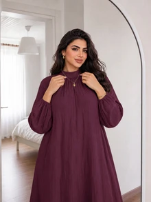 Solavon Plus Size Solid Color Lantern Sleeve Dress Brunch Morning Party Formal Dark Green Fall Elegant - Red Violet - View 7