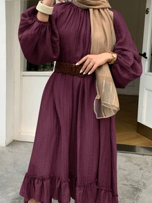 Solavon Plus Size Solid Color Lantern Sleeve Dress Brunch Morning Party Formal Dark Green Fall Elegant - Red Violet - View 4