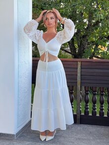 Jeta Ari 100% Washed Cotton White Woven Waist Gathered Women's Skirt, Suitable For Spring/Summer, Versatile Style, Vacation - White - View 4