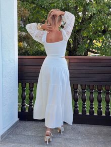 Jeta Ari 100% Washed Cotton White Woven Waist Gathered Women's Skirt, Suitable For Spring/Summer, Versatile Style, Vacation - White - View 2