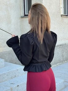 Jeta Ari 女士荷葉邊泡泡袖襯衫 - 黑色 - 查看 2