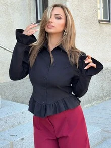 Jeta Ari 女士荷葉邊泡泡袖襯衫 - 黑色 - 查看 6